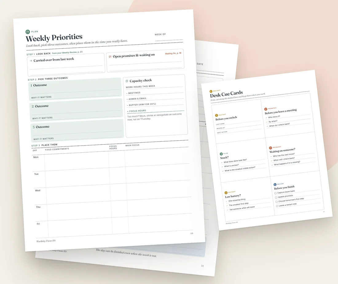 Printed Weekly Priorities and Desk Cue Cards pages from the Workday Focus Kit