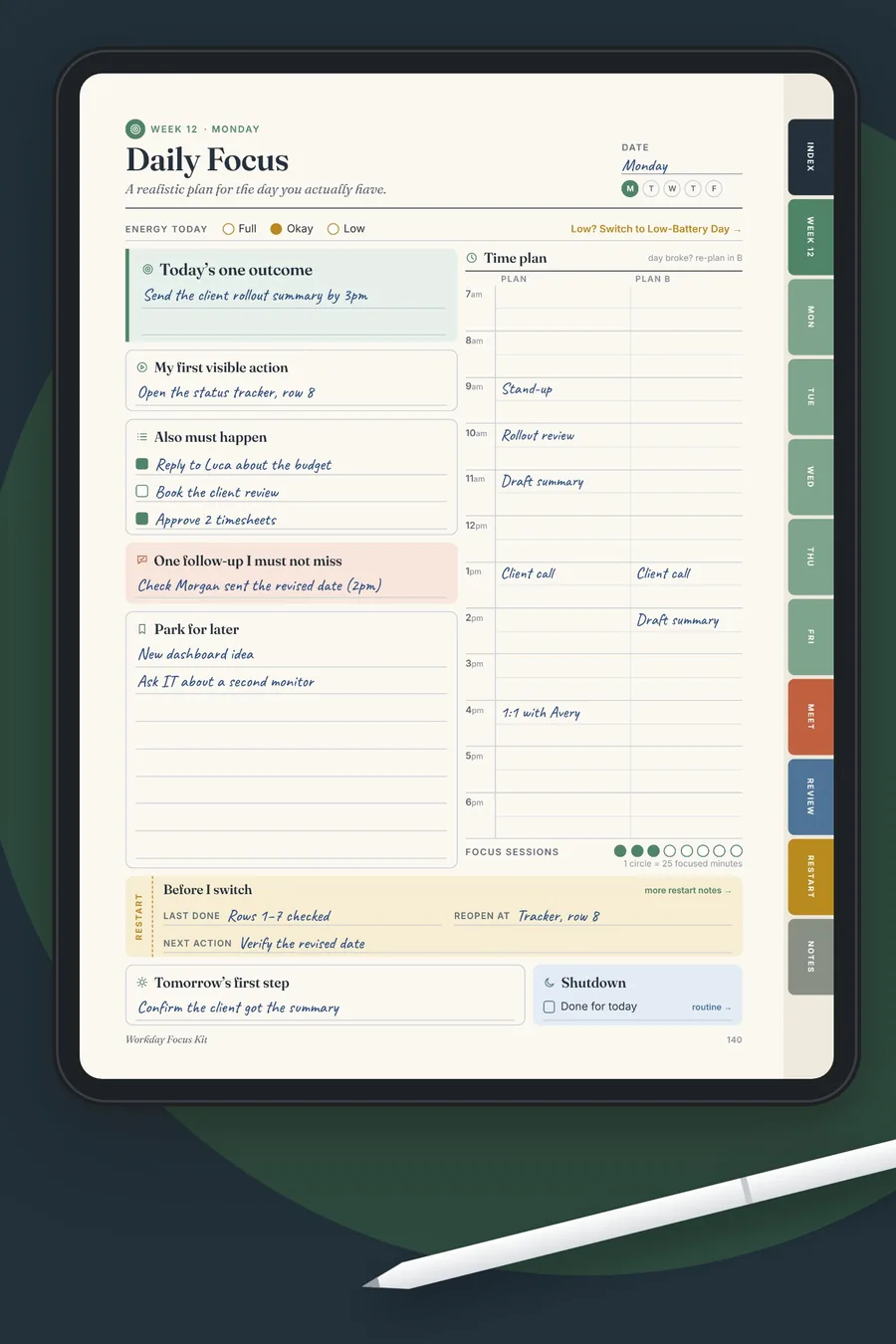The Daily Focus page of the Workday Focus Kit on an iPad, with one outcome, a time plan and a follow-up filled in
